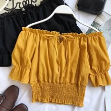 Клубный праздник Ruched Летний Пляжный Повседневный женский укороченный Топ майка пуловер с открытыми плечами без бретелек сексуальный фонарь рукав эластичный пояс