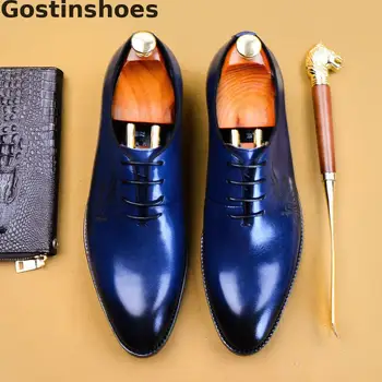 

Whole Cut Men Leather Shoes Dress Genuine Cow Leather Formal Oxfords Shoes For Men Lace-up Pointed Toe Black Blue Leather Shoes