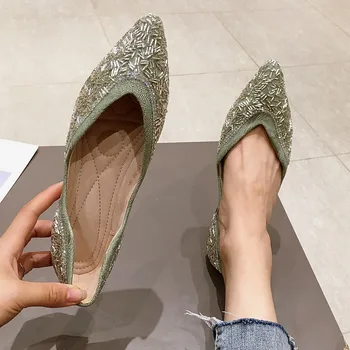 

2020 Elegant Pointed Toe Women Ballet Flats Shoes Spring Autumn Slip-On For Woman Loafers Office Ladies Work Single Shoes Green