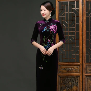 

Embroidery Flower New Vintage Women Chinese Modern Qipao For Ladies Sexy Mandarin Collar Cheongsam Evening Dress Velvet Gown