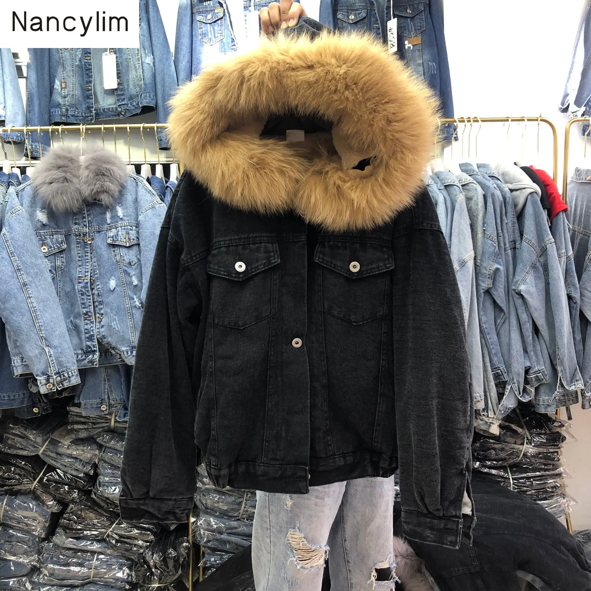 

Winter Coat 2019 Autumn Winter Women New Loose Real Fur Collar Hat with Faux Lamb Liner Thickened Cotton Jeans Parkas Mujer 2019