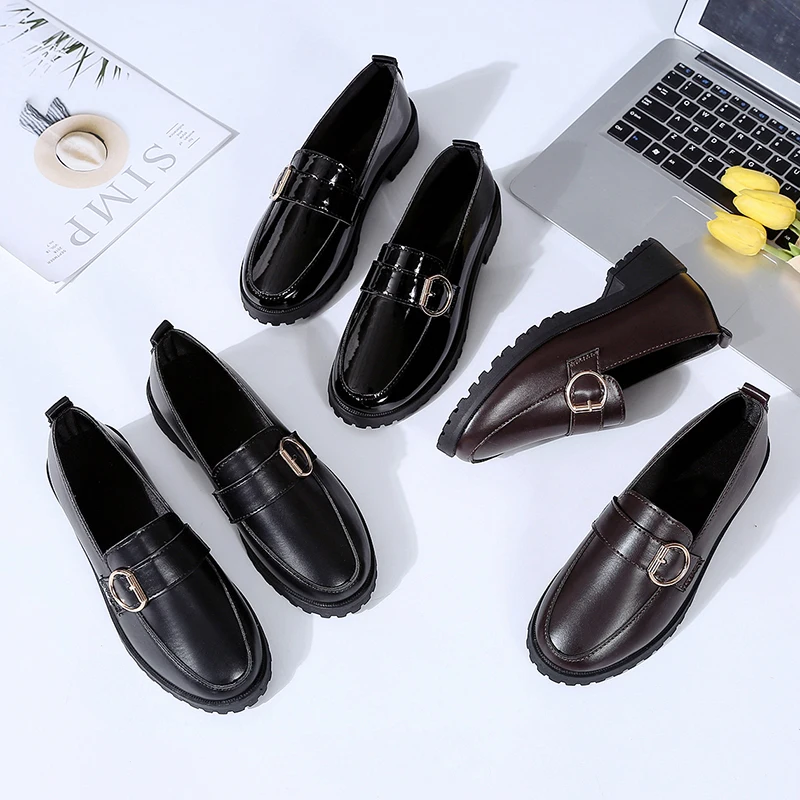 

2020 Women Solid Color Small Leather Shoes Square Heel Flats Thick Bottom Shallow Mouth Non-Slip Wear-resting W40-85