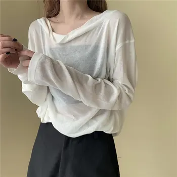 

Alien Kitty Light Loose Thin Summer Full Sleeves Solid 2020 Chic Leisure Feminine Slash Neck Women New Casual Knitted T-shirts