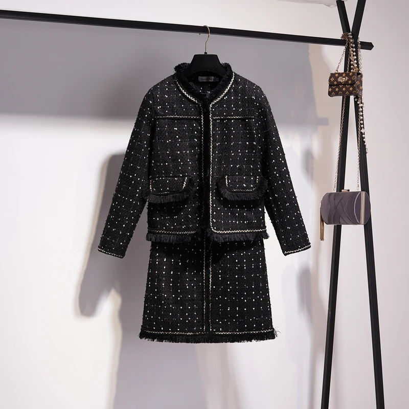

2019 New Autumn Runway Tweed 2 Piece Set Skirt Winter Women Black Dot Jacket Coat+High Waist Tassel Short skirts Elegant Suits