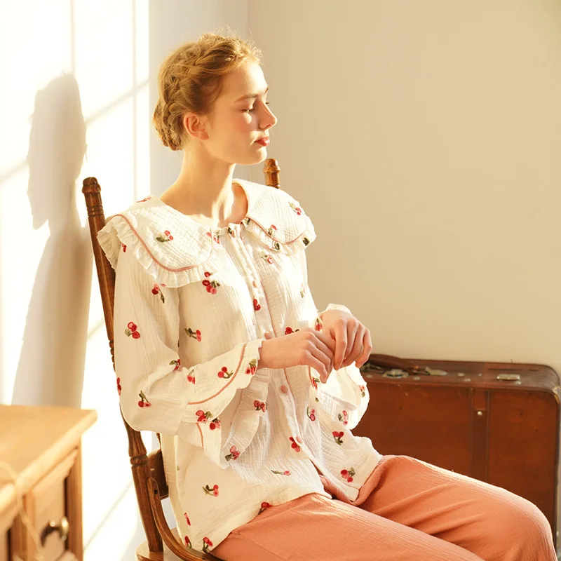 

2020 New Spring Princess Night Suits Ladies Vintage Cotton Pajama Set Women Cherry Print Night Wear Home Suit Lounge Set
