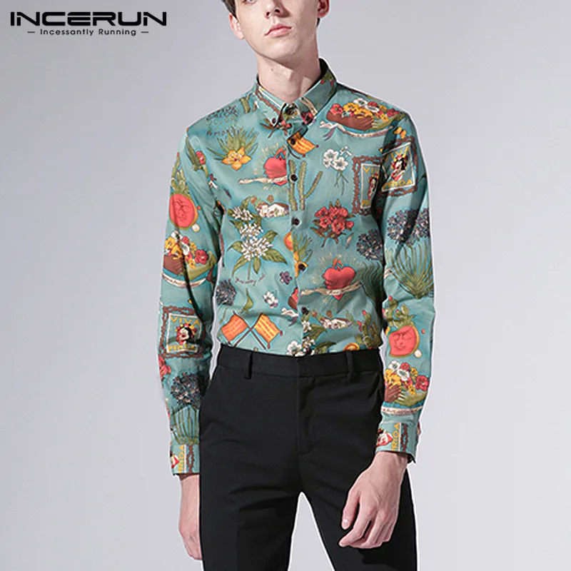 

INCERUN Vintage Floral Print Men Long Sleeve Shirt Elegant Fashion Lapel Neck Autumn Chic Male Brand Casual Shirts Camisa 2019