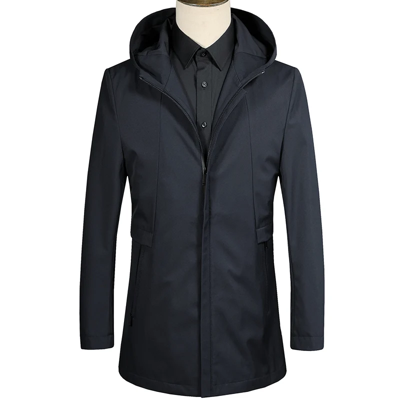 

Men Trench Windbreaker Mens Hooded Long Solid Jacket Coat Spring Autumn Male Quality Business Casual Clothes 2020