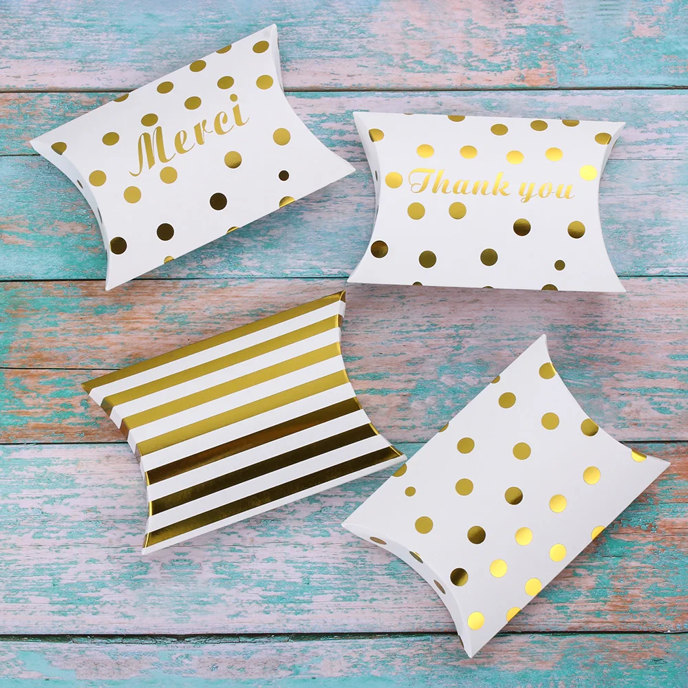 

5pcs Pillow Shape Paper Gift Box Golden Striped Dots Paper Candy Cookie Box Wedding Party Christmas Decor Present Pouch