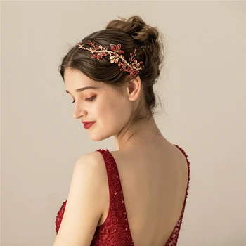 

Red Crystal Women Headband Hair Vine Gold Leaf Bridal Tiara Handmade Wedding Party Prom Hair Ornament