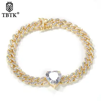 

TBTK 9mm Cuban Link Bracelet & Anklet Iced Out Cubic Zirconia With Heart And Square CZ Fashion Trendy Hiphop Jewelry