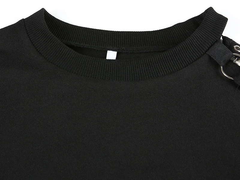 Футболка в стиле панк, Женская Весенняя черная свободная футболка с круглым вырезом и длинным рукавом, женские сексуальные открытые европейские повседневные топы SJ5229U