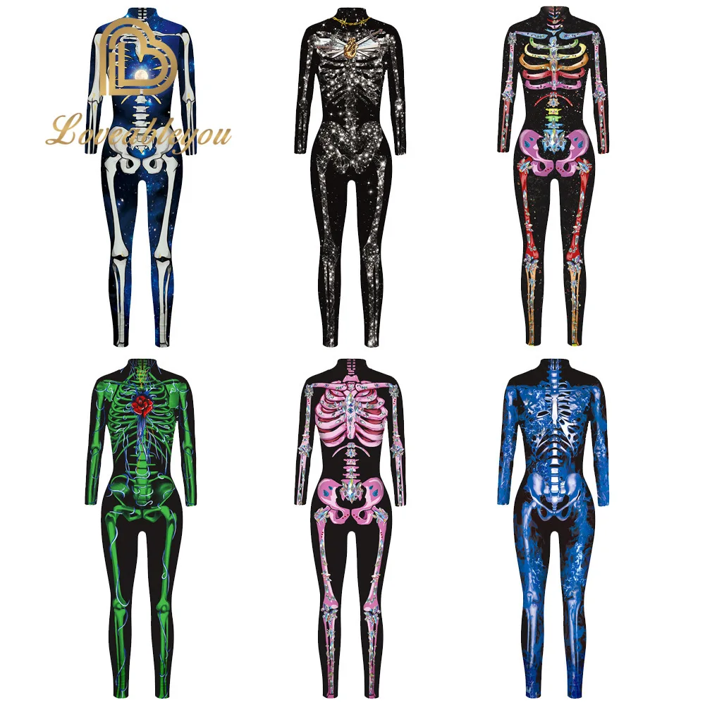 

New 3D Print Rose Skeleton Costume Jumpsuit Scary Halloween Costumes for Women Mechanical Skull Plus Size Bodysuit