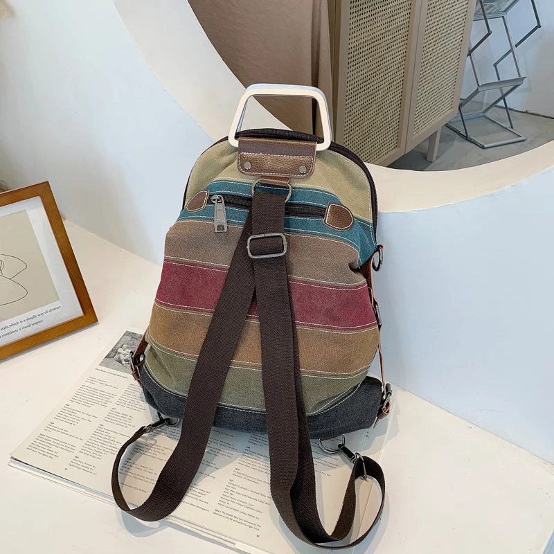 Manjianghong Canvas Striped Women Handbag Patchwork Rainbow Shoulder Bag Fashion Female Multi Functional Bag Sac a Main Backpack