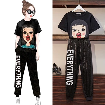 

Oneimirry Plus size Women 2 piece set Streetwear Sequined Short Sleeve tops letter pants outfits suit female fashion clothes New