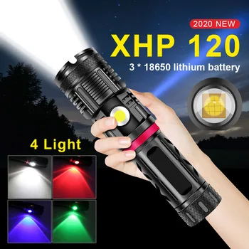 

2020 new cool 600000 LM xhp120 most powerful flashlight led rechargeable COB RGB flash lights usb tactical torch 18650 hand lamp