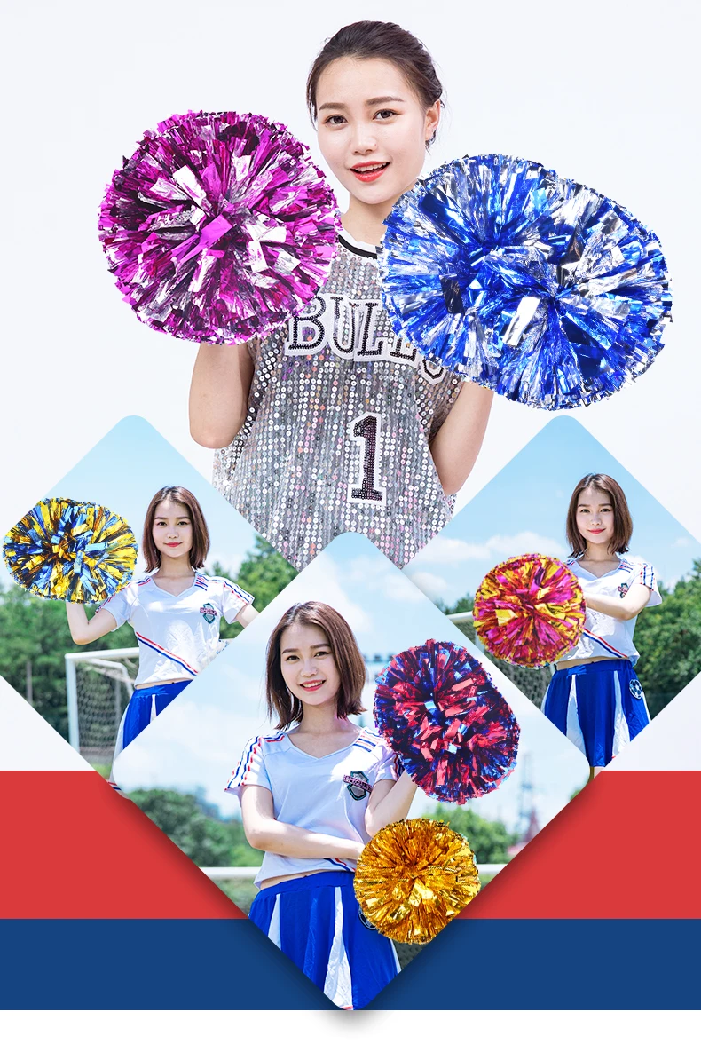 

1pair Plastic Handle Metallic Streamer Pompoms Cheerleading Cheering Pom Pom Ball Cheering Dance Decorator Club Sport Supply