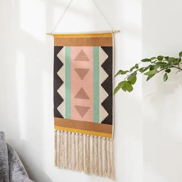 Tapestry Bohemian Cotton Linen Tapestry with Tassel Handmade Nodic Style Home Decor Geometric Wall Door Decor
