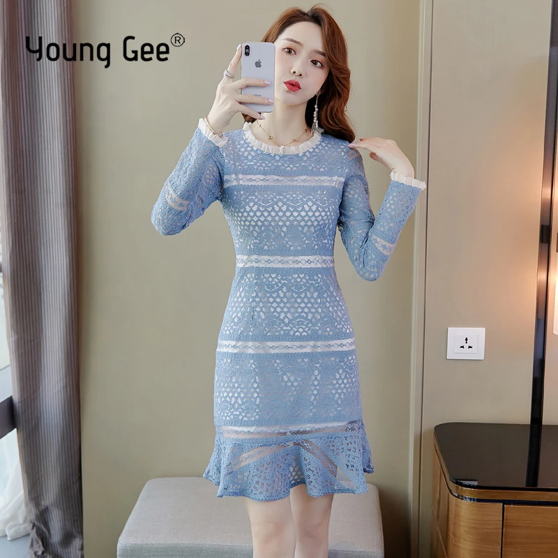 

Young Gee Elegant Lace Crochet Dress 2019 Autumn Sexy Women Ruffled Mermaid Cascading Long Sleeve Office Party Wear Dresses ropa