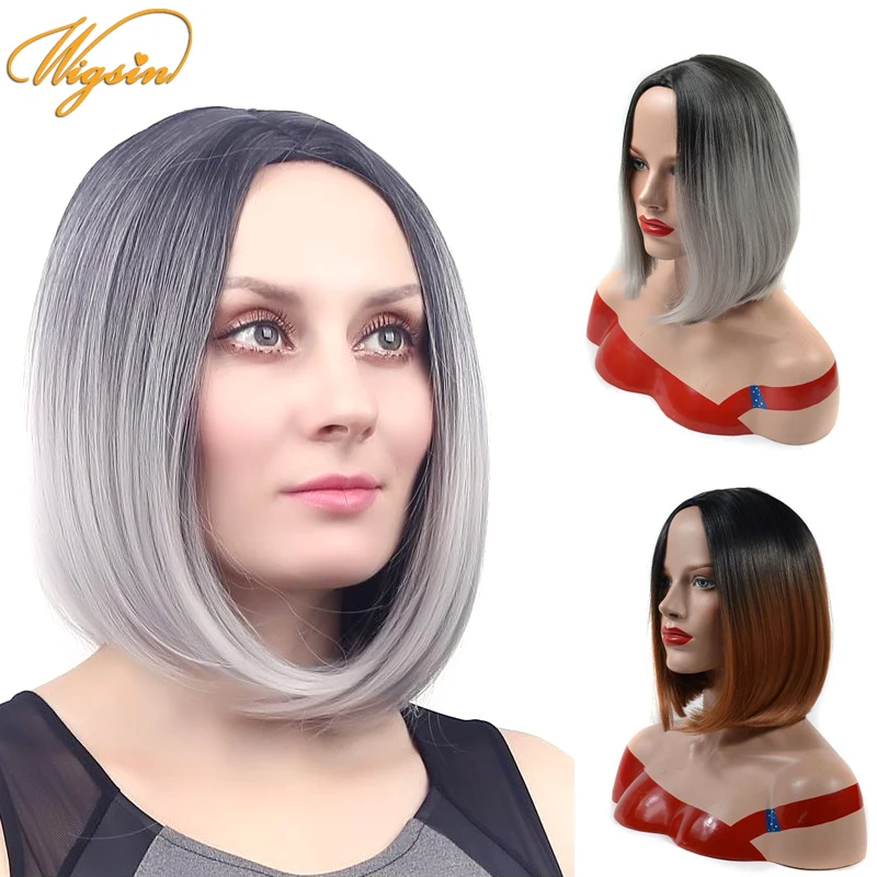 

WIGSIN Synthetic Short Bob Wig 12Inch Ombre Black Grey Brown Heat Resistant Synthetic Wigs For Women