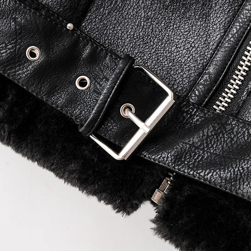 Very best 2019 Winter Lining with Velvet Zipper Korean Pilot Female Coat Black Warm Pu Faux Fur Lapel Long Sl
