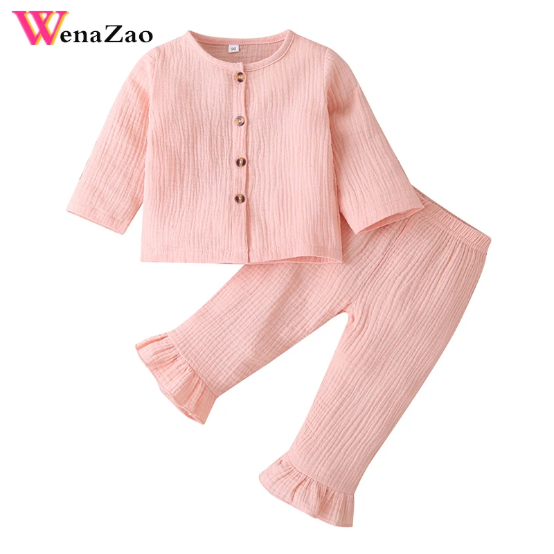 

2 Pcs Infant Solid Outfits Toddler Autumn Long Sleeve Round Neck Button Cardigan Ruffle Trousers Baby Girls Suit Sets