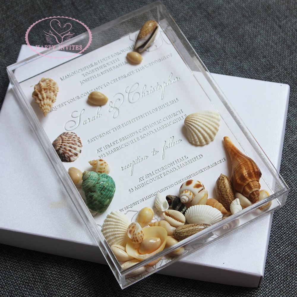 HI4082-04 Fantastic Acrylic Box Invitation with Natural Shellfishes Conches for Beach Wedding Factory Price Made in China