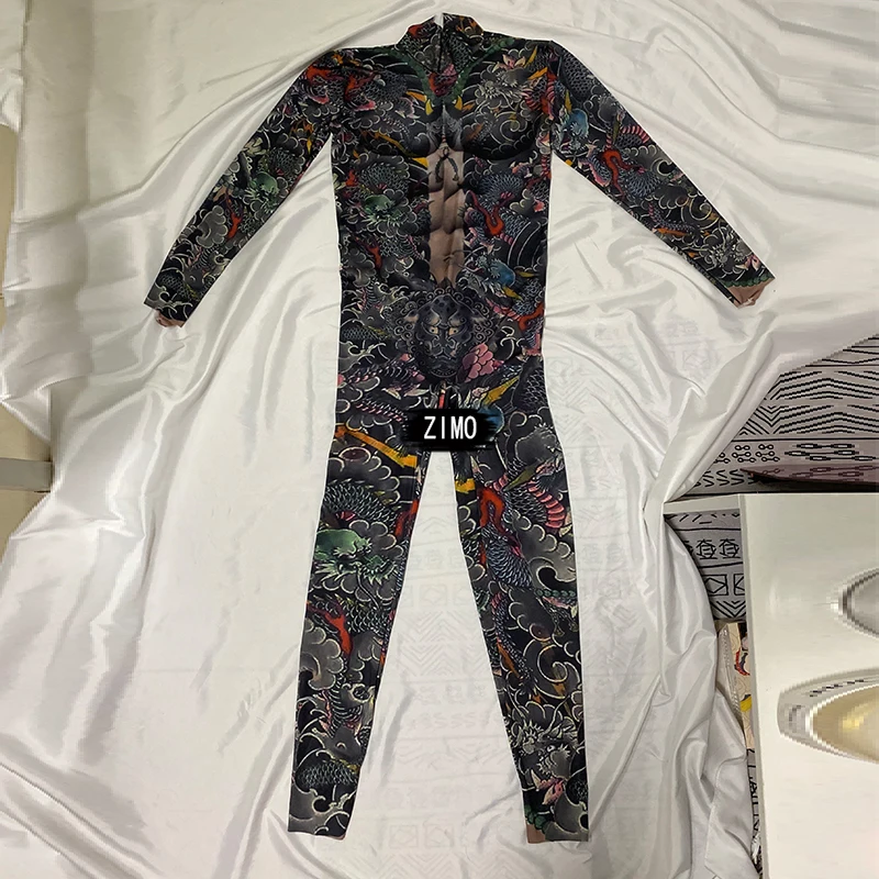 Tattoo Muscle Man Women Nude Male Guest Gogo Sexy Dj Ds Print Jumpsuit Skinny Dance Costume Rave Festival - Pole - AliExpress