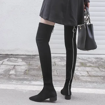 

Womens thigh high over the knee long tall boots plus size 40 genuine leather back zipper chunky heels wide calf 2020 sock shoes