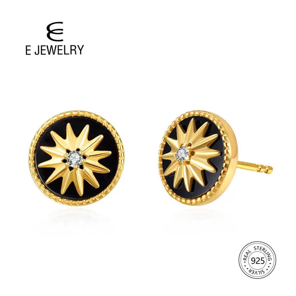 

E 18K Gold Plated 925 Sterling Silver Star Stud Earrings for Women Black Agate Gemstones Silver 925 Korean Jewelry Earings 2019