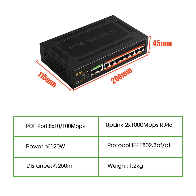 POE switch 48V with 8 100Mbps Ports IEEE 802.3 af/at ethernet switch 2 Gigabit uplnk  for IP camera/Wireless AP/poe camera