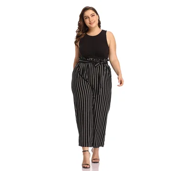 

TUHAO 2019 Elegant Black Striped Wide Leg Pants Simple Style Women High Waist Lace Up Casual Trousers Summer Pant HC269