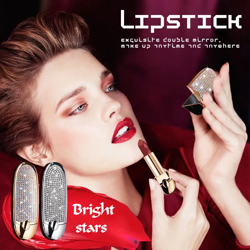 

10 Color Bright Star Gem Gilt Lipstick Crystal Decorative Lip Ribbon Flip Cover With Mirror INS Popular Lip Care Waterproof