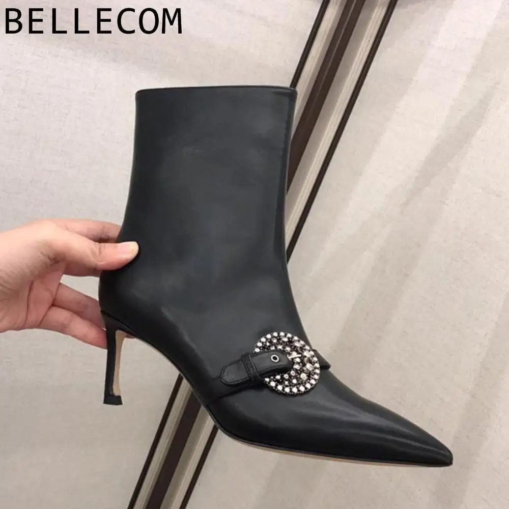 

BELLECOM 2019 High With Short winter Woman Skinny Genuine Leather Fine With And Ankle Boots women womens shoes zapatos shoe