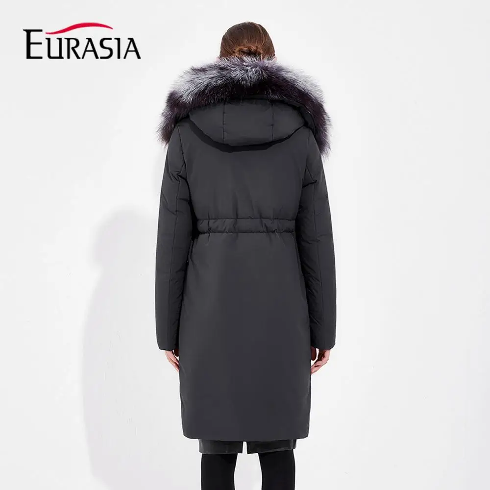 EURASIA/Новинка года; Стильное женское зимнее пальто; плотные парки; верхняя одежда из натурального меха; одежда на молнии; Длинная Куртка с регулируемой талией; YD1886