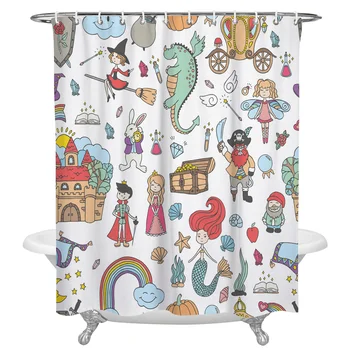 

Fairy Tale Castle Bunny Princess Mermaid Cartoon Print Shower Curtain Waterproof Fabric Shower Curtains Large Bathroom Curtains