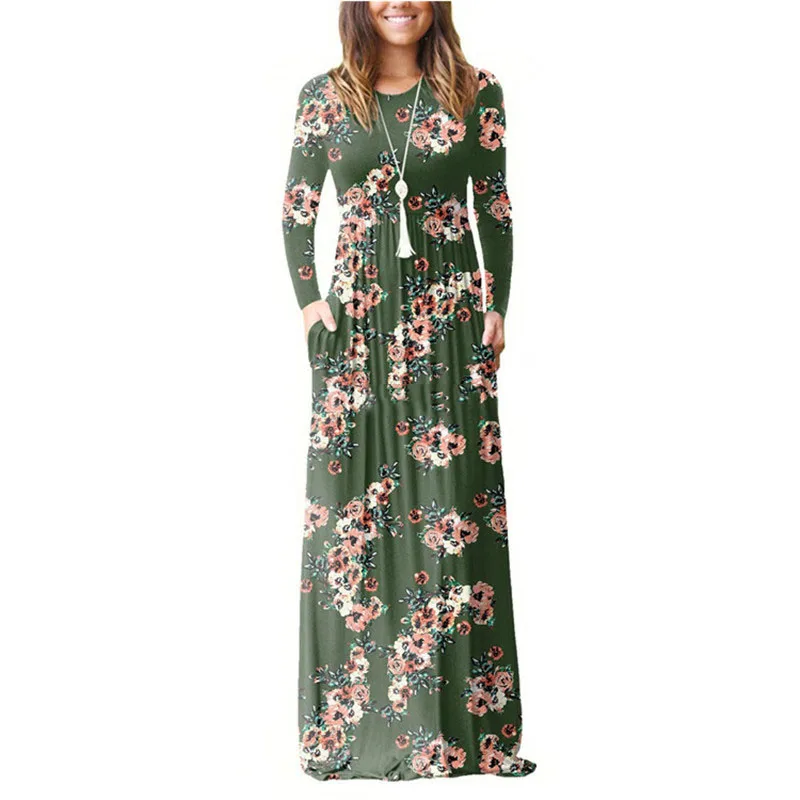 Осеннее женское длинное Повседневное платье макси с цветочным принтом, вечерние платья, винтажное платье с длинными рукавами и карманами, Vestidos, большие размеры - Цвет: YJS01green