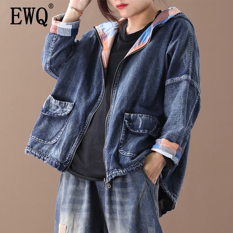 

[EWQ] 2019 Spring Autumn High Quality New Pattern Hooded Collar Long Sleeve Wearing A Denim Jacket On Both Sides Women PA003