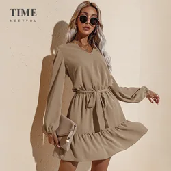Sexy Deep V Neck Long Sleeve Women Dresses Autumn Winter Models Simple Mid-length Drawstring Waist Irregular Party Dress Sexy Deep V Neck Long Sleeve Women Dresses Autumn Winter Models Simple Mid-length Drawstring Waist Irregular Party Dress