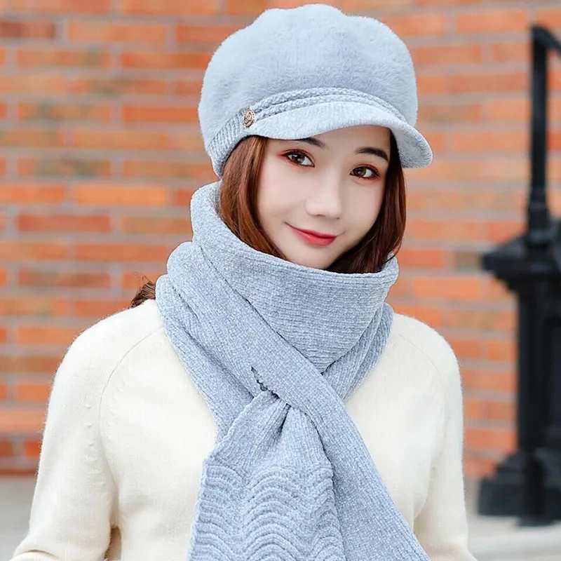 HANGYUNXUANHAO Women French Beret Hat Scarf Set Winter Warm Lady Hat Chenille Elegant Beanie Cap