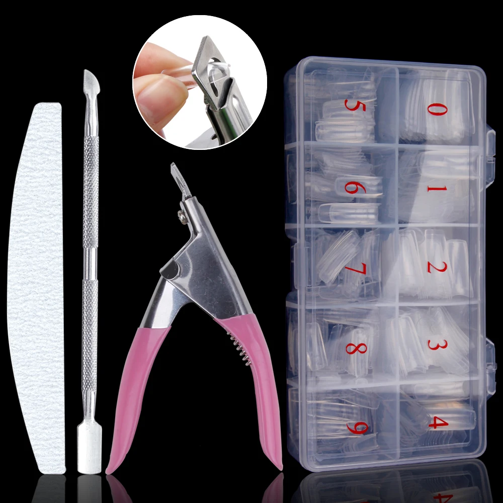 

500Pcs/Box Fake Nail Tips Manicure Set French Acrylic Nails Capsules Artificial Fingernails Clipper Kit Nailfile Cleaning Brush
