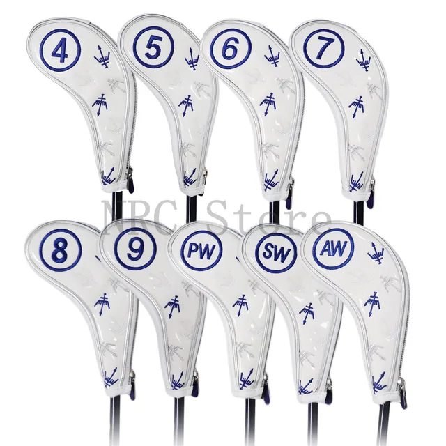 NRC Golf Iron Headcovers Customized Synthetic Leather 9pcs (4,5,6,7,8,9,P,S,A) Set  with Zipper Closure Putter Cover Protect. White and blue