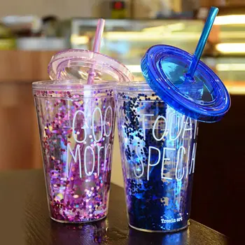 

450ML Drinking Straw Bottle Glitters Plastic Double Layer Cup Graffiti Stars Slip Lid Eco-Friendly Milk Shake Smoothie Cup