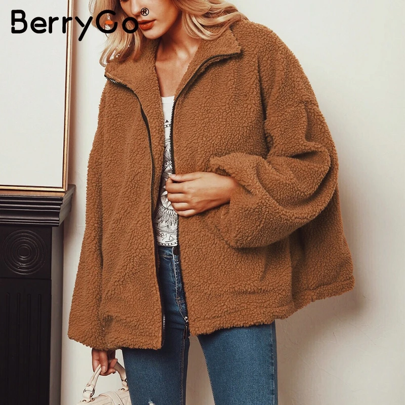 

BerryGo Casual loose long sleeve zipper overcoats women Autumn winter female fake fur coats Ladies loose standing collar outwear