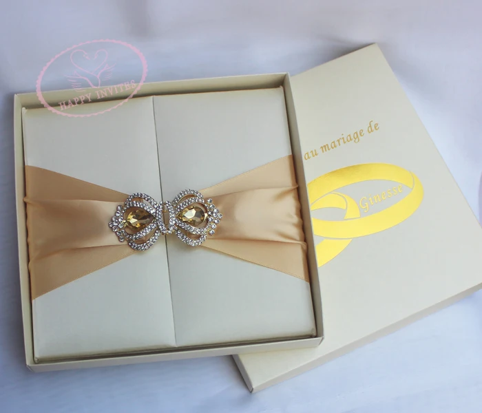 HI2003-134 Customzied Elegant Silk  Wedding Invitation in Beige with Gold Foil Printing & Champagne Gold Ribbon & Gold Grown Booch Made in China More Colors Available