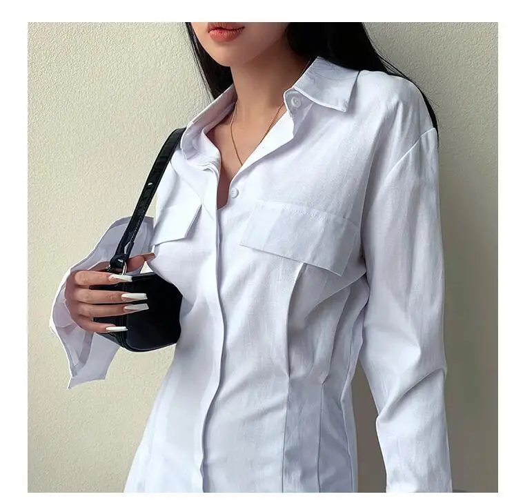 2021 Spring Long Sleeve White Pleated Shirts Women Casual Turn Down Collar Chiffon Blouse Office Lady A Line Style Vestidos Tops 25