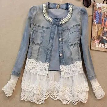 

Jeans Jacket Women Casacos Feminino Slim Lace Patchwork Beading Denim Lady Elegant Vintage Coat Jk454