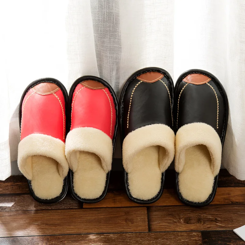 

2018 New Style Pu Embroidery Leather Slippers Home Indoor Anti-slip Couples Men And Women Household Cotton Slippers Factory
