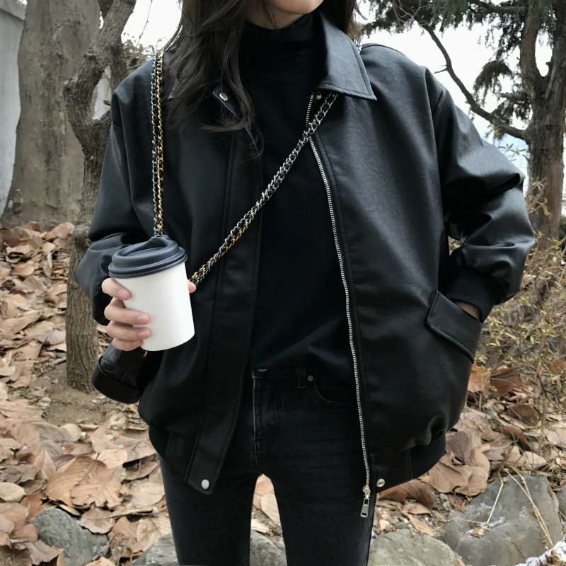 

Korean Women's PU Jacket Jacket Black Loose Large Size Autumn and Winter Women's Motorcycle Jacket Fashion Cool Women's Tops