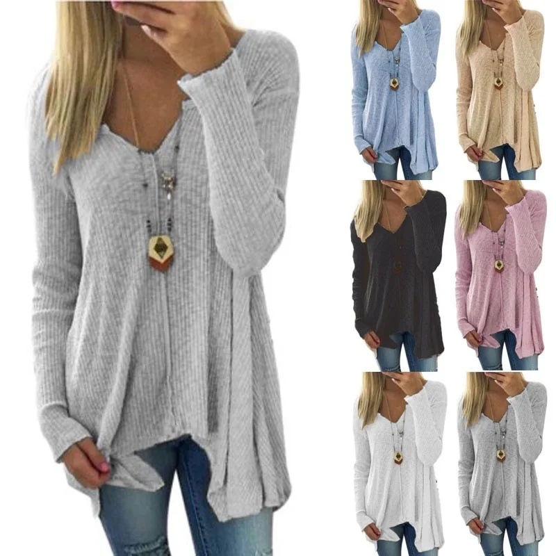 

Plus Size 2019 Autumn Winter Sweaters Women Fashion Sexy V Neck Sweater Loose Long Sleeve Plus Size Solid Pullover Jumper Tops