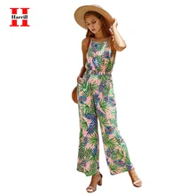 Harrill Leaf Print Beach Style Jumpsuit Womens Sexy Backless Straight Jumpsuit Summer Sling Rompers Woman Onepiece 2020